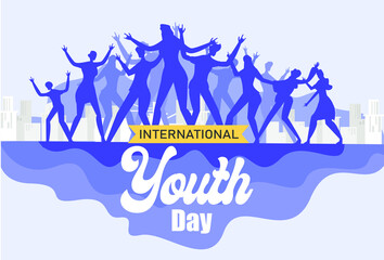 International Youth Day vector concept: silhouettes of people dancing together at the city