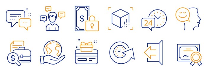 Set of Technology icons, such as Update time, 24h service. Certificate, save planet. Employees messenger, Good mood, Sign out. Private payment, Conversation messages, Accounting report. Vector