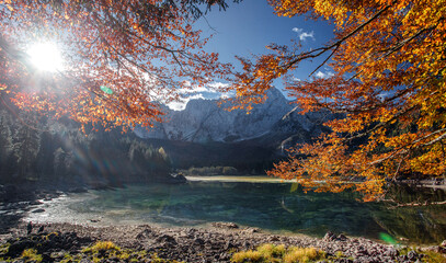 Impressive sunny autumn landscape of mountains. Beautiful natural scenery in Julian Alps. Scenic...