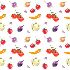 Watercolor colorful pattern with fresh ripe vegetables. White backgroun.