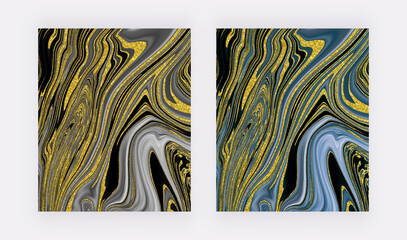Black and blue with golden glitter liquid ink painting abstract backgrounds.
