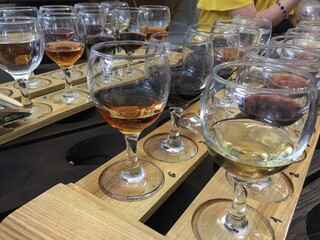 wine tasting. Variety of wines. Wine glasses with alcoholic beverages.