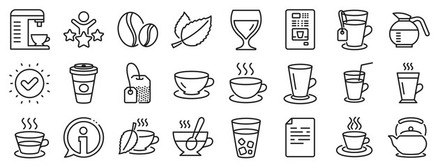 Set of Cappuccino, Juice with ice and Latte coffee cup icons. Coffee and Tea line icons. Teapot, Coffeepot and Hot drink with Steam. Mint leaf tea, Herbal beverage and Vending. Hot latte cup. Vector