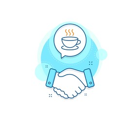 Hot cup sign. Handshake deal complex icon. Coffee drink line icon. Fresh beverage symbol. Agreement shaking hands banner. Cappuccino sign. Vector