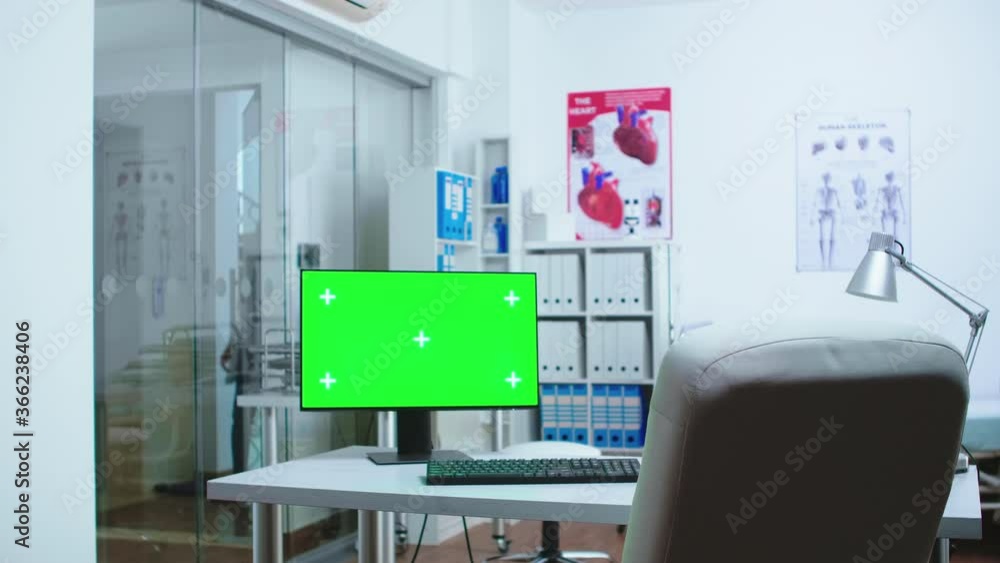 Aufkleber computer with mock-up display in hospital cabinet and doctor entering in clinic. desktop with blank 