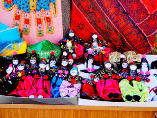 Close up of Turkish traditional folkloric dolls, famous handmade souvenir and gift for tourists.