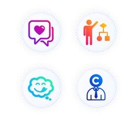 Fototapeta premium Yummy smile, Heart and Algorithm icons simple set. Button with halftone dots. Copyrighter sign. Comic chat, Love chat, Developers job. Writer person. People set. Gradient flat yummy smile icon. Vector