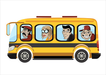 Different people in a yellow city bus over white background.