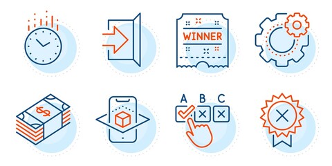 Correct checkbox, Exit and Reject medal signs. Cogwheel, Winner ticket and Usd currency line icons set. Time, Augmented reality symbols. Engineering tool, Carousels award. Business set. Vector