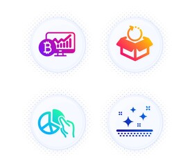Return package, Bitcoin chart and Pie chart icons simple set. Button with halftone dots. Clean skin sign. Exchange goods, Cryptocurrency statistics, Presentation graph. Face cream. Vector