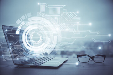 Obraz premium Double exposure of computer and technology theme hologram. Concept of freelance work.