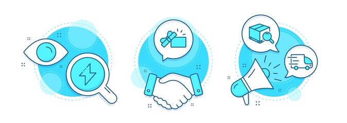 Opened gift, Energy and Truck delivery line icons set. Handshake deal, research and promotion complex icons. Search package sign. Present box, Thunderbolt, Express service. Tracking service. Vector
