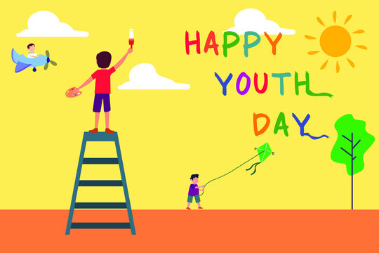 Youth Day vector concept: group of children playing outside at summer day