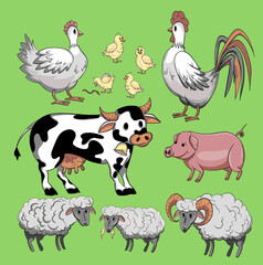 Set of farm animals on green background: cow, pig, sheeps, hen, rooster.