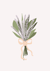 Wedding bouquet with flowers lavender eucalyptus green leaves isolated on light background. Boho bridal wedding arrangements vector illustration in cartoon flat style