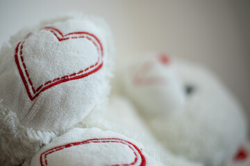 White teddy with hearts on his legs