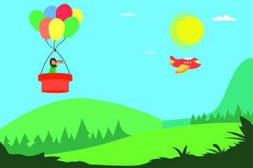 children vector concept: girl riding hot air balloons while peeking forward at the hills with her binoculars