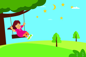 Child vector concept: girl swinging below the tree in the middle of green hills