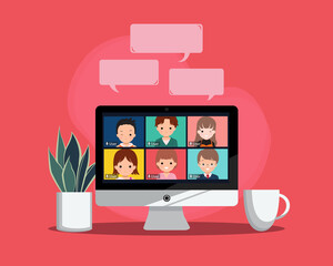 Virtual meeting concept. New normal lifestyle teleconference with colleague. Working space with plant and coffee. Flat style vector design.