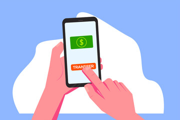 Money transfer online vector concept: closeup of hands using the mobile phone for money transfer