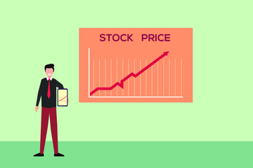 Increasing stock price vector concept: Happy businessman showing the ascending stock price chart on his smartphone 