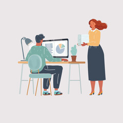 Vector illustration of office people working on white background. Man and woman character.