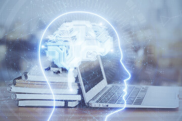 Multi exposure of work table with computer and brain hologram. Brainstorm concept.