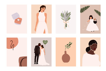 Abstract wedding couple groom and bride, woman portraits, bouquets holiday cards isolated. Fashion minimal trendy people in cartoon flat style. Trendy poster wall print decor vector illustration