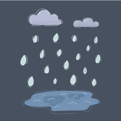 Vector illustration of autumn and fall rain. Puddle, waterdrop and clouds on dark background.