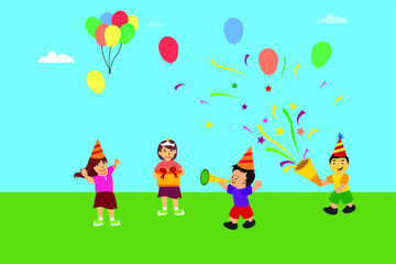 Obraz na płótnie Canvas Birthday party vector concept: children blowing trumpets and dancing under the raining confetti 