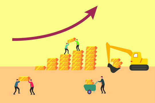 Gold Mining Vector Concept: Group Of People Mining Gold With The Upward Arrow Showing The Increasing Price Of Gold