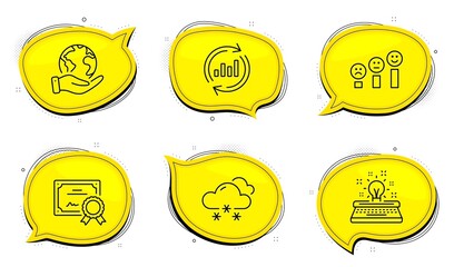 Typewriter sign. Diploma certificate, save planet chat bubbles. Snow weather, Customer satisfaction and Update data line icons set. Snowflake, Happy smile chart, Sales chart. Inspiration. Vector