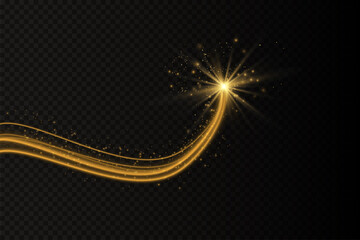 Light effect with glowing gold wavy lines and sparkles isolated on transparent special effec.. Vector illustration