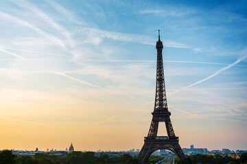 PARIS, FRANCE - August 22, 2019: Eiffel Tower is a wrought-iron lattice tower on the Champ de Mars in Paris, France.
