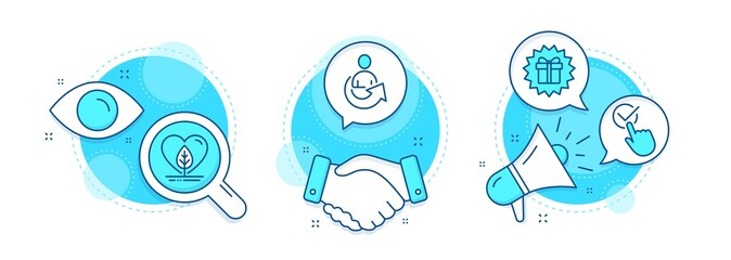 Local grown, Share and Surprise gift line icons set. Handshake deal, research and promotion complex icons. Checkbox sign. Organic tested, Referral person, Shopping offer. Approved. Vector