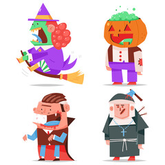 Cute Halloween characters in party costumes vector cartoon set isolated on a white background.