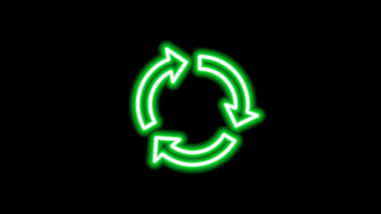Green neon recycling arrow on black background.