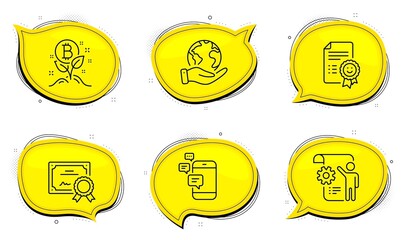 Settings blueprint sign. Diploma certificate, save planet chat bubbles. Communication, Bitcoin project and Smile line icons set. Smartphone messages, Cryptocurrency startup, Certificate. Vector