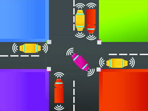 Smart Car Vector Concept: Top Down View Of Autonomous  Driving Vehicles On Intersection