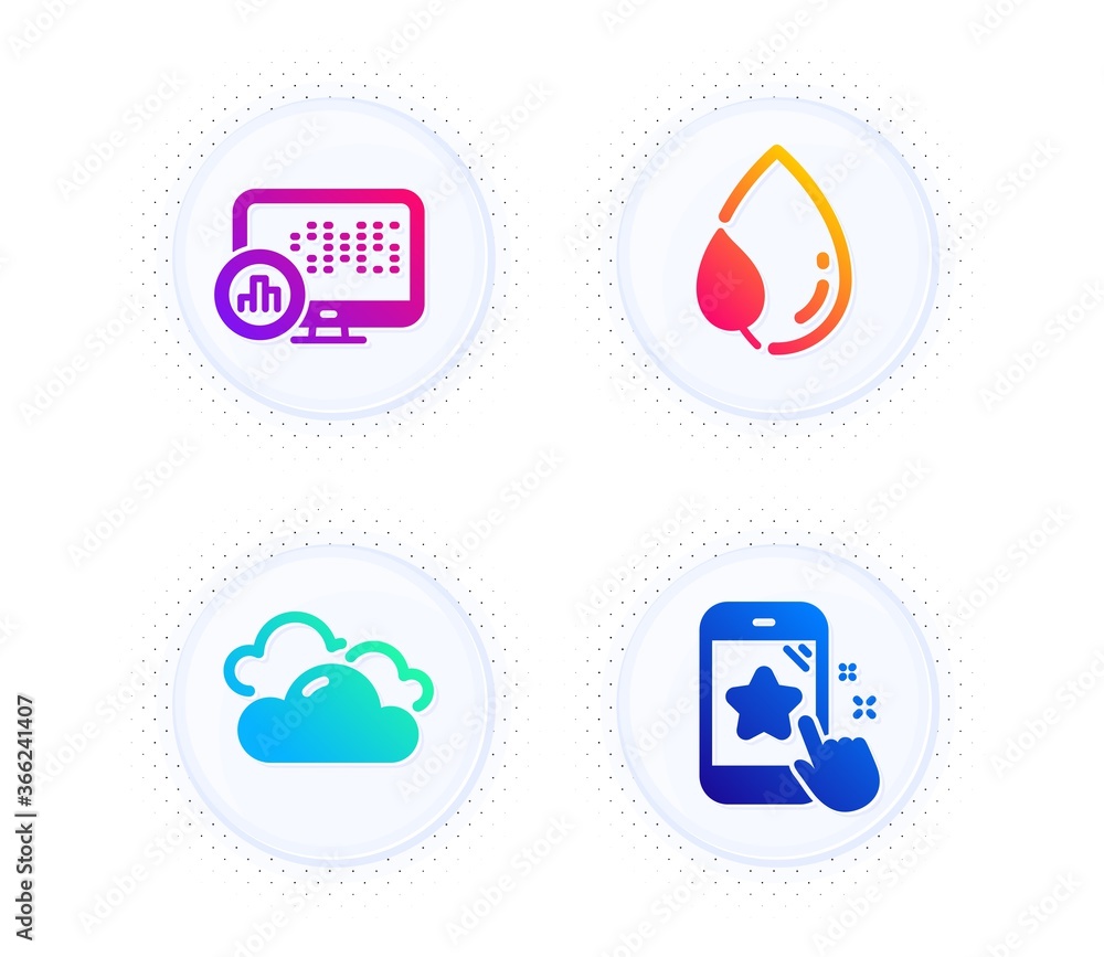 Aufkleber report statistics, cloudy weather and leaf dew icons simple set. button with halftone dots. star rat