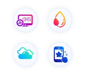 Report statistics, Cloudy weather and Leaf dew icons simple set. Button with halftone dots. Star rating sign. Graph chart, Sky climate, Water drop. Phone feedback. Business set. Vector