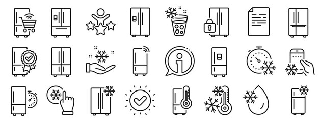 Refrigerator, freezer storage, smart fridge machine. Fridge line icons. Water with ice, cooler box, thermometer icons. Wi-fi remote access, thermostat timer, smart freezer. Vector