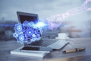 Fototapeta premium Double exposure of computer and technology theme hud. Concept of innovation.