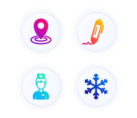Doctor, Signature and Location icons simple set. Button with halftone dots. Snowflake sign. Medicine person, Written pen, Map pointer. Snow. Science set. Gradient flat doctor icon. Vector