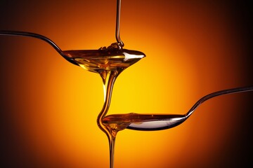Organic honey flowing from the spoon