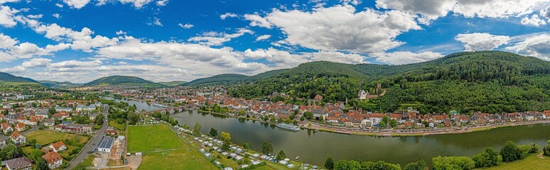 Naklejka na ściany i meble Aerial drone panoramic picture of the medieval city of Miltenberg in Germany during daytime