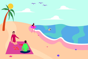 Beach picnic vector concept: couple of teenagers having a picnic while their friends swimming at the beach