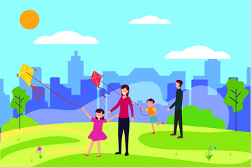 Obraz na płótnie Canvas Family moment vector concept: group of family flying kites playfully at the city park