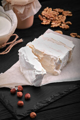 homemade cheese, milk and cottage cheese on a wooden background. rustic style. Set of dairy products, assortment of milk, cottage cheese, sour cream and yogurt