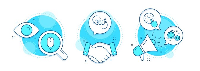 Scroll down, 360 degree and Time management line icons set. Handshake deal, research and promotion complex icons. Gears sign. Mouse swipe, Virtual reality, Office clock. Work process. Vector